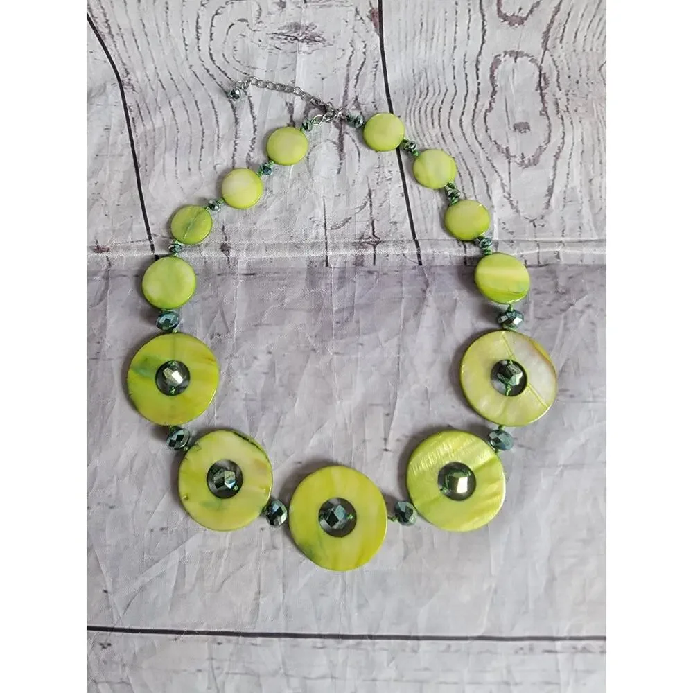 Pea Green Round Shell Necklace Chime round statement Piece Matching Earrings